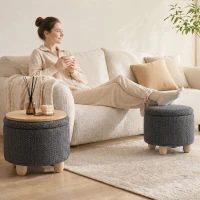 HOMCOM Storage Sitting Bench with Lid, Round Storage Ottoman with Rubberwood Legs, Dark Grey(m-9)
