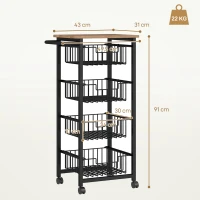 HOMCOM Carrito Verdulero para Cocina con 4 Cestas Deslizables y Marco de Acero 49,5x31x91 cm Roble(m-3)