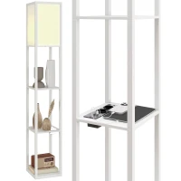 HOMCOM Lampadar cu rafturi, lumină reglabilă, întrerupător cu pedală și porturi USB, alb(m-11)
