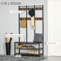 HOMCOM Coat Rack Stand, Free Standing Hall Tree, Coat Stand with Hooks, Bench and Shoe Rack, 100cm x 38.5cm x 185.5cm, Industrial Style, Rustic Brown and Black(m-4)
