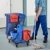 HOMCOM Cărucior de Curățenie cu Sac pentru Gunoi, 4 Găleți și Storcător pentru Mop, 93x80x97 cm, Roșu, Albastru și Negru(m-2)