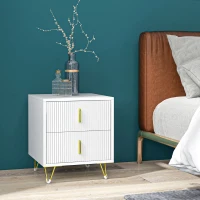 HOMCOM Mesa de Cabeceira com 2 Gavetas Mesa Auxiliar com Pés de Metal para Sala de Estar Dormitório 40x40x47 cm Branco e Dourado(m-10)