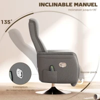 HOMCOM Fauteuil relax massant fauteuil de relaxation inclinable pivotant dossier et repose-pieds réglable 68,5x77x117cm gris(m-6)