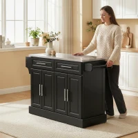 HOMCOM Isla de Cocina con Ruedas Tablero de Acero Inoxidable Cajones Estantes Ajustables Especiero Toallero 145x45x93 cm Negro(m-8)