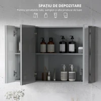 kleankin Dulap de baie suspendat cu 3 uși oglindă și polițe reglabile din MDF Gri dim. 90L x 15l x 60H cm(m-4)