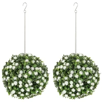 HOMCOM Set of 2 Decorative Artificial Plants, UV-protected Artificial Plant Topiary Rose Balls, Fake Plants for Home Indoor outdoor Decor, 28cm, White(m-11)