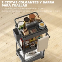 HOMCOM Carrito Auxiliar con Ruedas de 3 Niveles Carrito de Cocina con Cestas Extraíbles y Soporte para Toallas Gris(m-5)