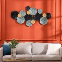 HOMCOM Decorazione Murale in Metallo 3D, Wall Art a Cerchi 133x66cm, Blu, Nero e Oro(m-10)