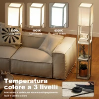 HOMCOM Lampada da Terra con Ripiani, Luce Regolabile, Interruttore a Pedale e Porte USB, Bianco e Rovere(m-5)
