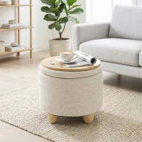 HOMCOM Storage Sitting Bench with Lid, Round Storage Ottoman with Rubberwood Legs, Beige(m-14)