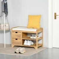 HOMCOM Wooden 2 Tier Shoe Storage Bench Rack Shelves Cushioned Seat  Entryway Hallway Organiser with 2 Drawers - Natural Wood Colour(m-2)