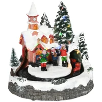HOMCOM Pueblo Navideño Escena Navideña con Luces LED y Tren Móvil Decoración Navideña Sobremesa 20x19,5x20 cm Multicolor(m-12)