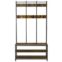 HOMCOM Coat Rack Stand, Free Standing Hall Tree, Coat Stand with Hooks, Bench and Shoe Rack, 100cm x 38.5cm x 185.5cm, Industrial Style, Rustic Brown and Black(m-10)