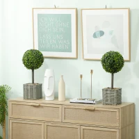 HOMCOM Set of 2 Decorative Artificial Plants, 50cm Faux Boxwood Topiary Balls with Woven Plastic Pot and Pebbles, Fake Plants for Home or Office Decor, Green(m-10)