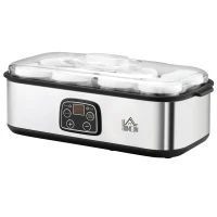 HOMCOM Yogurtiera Elettrica 25W con 8 Vasetti Inclusi, Timer 1-48 Ore e Temperatura Regolabile 20-50°C, 36x18.8x14cm, Argento(m-11)