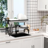HOMCOM Space Saving 2 Tier Adjustable Dish Drainer Over The Sink Dish Drying Rack, Black(m-2)