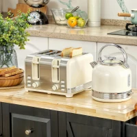 HOMCOM Polished Stainless Steel Kettle and Toaster Set - Cream(m-2)