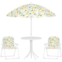 AIYAPLAY Ensemble salon de jardin extérieur enfant 4 pièces, motif éléphant et girafe, parasol réglable Ø 100 cm, chaise pliable(m-11)