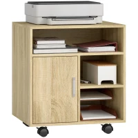 HOMCOM Support d'imprimante organiseur bureau caisson placard porte 3 niches + grand plateau panneaux particules bois naturel(m-12)