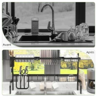HOMCOM Égouttoir à vaisselle au-dessus de l'évier séchoir à vaisselle 2 niveaux, modulables en acier, 93 x 30 x 52 cm, noir(m-4)