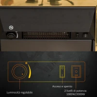 HOMCOM Camino Elettrico da Terra 1000/2000 W Effetto Fiamma LED, Caminetto Elettrico con Protezione da Surriscaldamento e Ribaltamento, Riscaldamento Regolabile, Oro(m-7)
