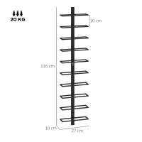 HOMCOM Portabottiglie da Parete a 10 Ripiani in Acciaio Nero per 10 Bottiglie,, 27x10x116 cm(m-3)