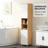 HOMCOM Coloană de Baie cu 2 Dulapuri și Rafturi Deschise, Polițe Interne Reglabile, 30x30x166 cm, Alb și Lemn(m-8)