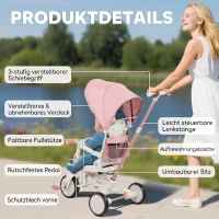 AIYAPLAY Triciclu pentru copii 5 în 1 cu mâner de împingere și acoperire detașabilă, 96,5x49x101 cm, roz(m-9)