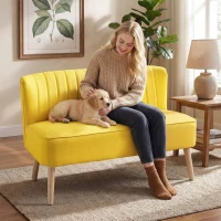 HOMCOM, Canapea cu 2 locuri, Cu picioare, din Textil cu aspect de in, 117x56.5x77 cm, galben(m-8)