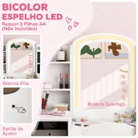 AIYAPLAY Penteadeira Infantil com Espelho LED, Cadeira, Gavetas em Tecido, Ganchos para Joias e Prateleiras, 3-8 Anos, Branco(m-5)