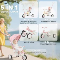 AIYAPLAY Triciclu pentru copii 5 în 1 cu mâner de împingere și acoperire detașabilă, 96,5x49x101 cm, roz(m-4)