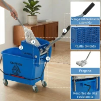 HOMCOM Cubo de Fregar con Escurridor Panel Separador y Ruedas Capacidad 20L para Limpieza Doméstica 45x26,5x70 cm Azul(m-8)