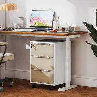 HOMCOM Schedario da Ufficio con 3 Cassetti, 4 Ruote, Cassettiera Ufficio con Serratura e 2 Chiavi, Bianco e Rovere(m-9)