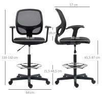 Vinsetto Chaise bureau ergonomique, chaise de dessin, repose-pieds, dossier en maille, hauteur réglable, 64x57x110-132cm, noir(m-3)