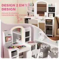 AIYAPLAY Penteadeira Infantil com Espelho LED, Cadeira, Gavetas em Tecido, Ganchos para Joias e Prateleiras, 3-8 Anos, Branco(m-4)