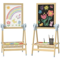 AIYAPLAY Kinder Staffelei aus Holz, Doppelseitige Whiteboard und Tafel Höhenverstellbar Standtafel mit Papierrolle, Ablage, Natur(m-12)