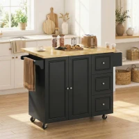 HOMCOM Kitchen Island on Wheels, Rolling Kitchen Storage Trolley with Drop Leaf, Drawers, Towel and Spice Rack, Black(m-10)