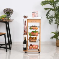 HOMCOM Carrito de Cocina con Ruedas Carro Multiusos con Cajón 4 Cestas Extraíbles de Metal y Bastidores 47x37x83 cm Natural(m-11)