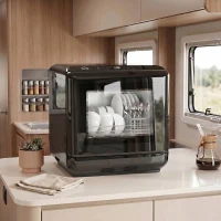 HOMCOM Tischgeschirrspüler, mit integriertem 6-Liter-Wassertank, 5 Programmen, 4 Gedecke, LED-Display Schwarz(m-9)