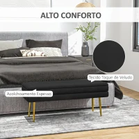 HOMCOM Baú de Arrumação para Quarto 39 L em Veludo com Pés de Aço 100x37,5x42 cm Preto(m-4)