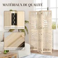 HOMCOM Paravent interieur en bois 3 panneaux 120 x 170 cm, pliable et portable, motif de feuille, design amovible, bois naturel(m-7)