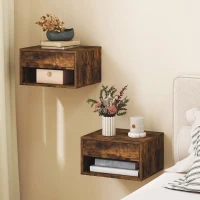 HOMCOM Set of Two Floating Bedside Tables - Rustic Brown(m-2)