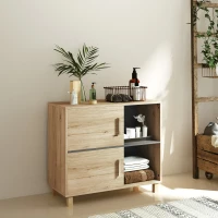 HOMCOM Meuble de salle de bain, meuble de rangement avec compartiments ouverts et placard, dim. 80 x 35 x 70 cm, bois naturel(m-10)