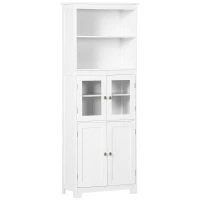 HOMCOM Mobile Dispensa con 2 Ripiani Aperti e 2 Armadietti con Ante, in MDF e Vetro, 60x30x162 cm, Bianco(m-1)