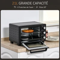 HOMCOM Mini four 1400 W 21 L - thermostat 230°C max - minuteur 60 min - 3 modes de cuisson - 4 accessoires inclus - acier inox. métal verre trempé noir(m-4)