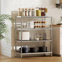 HOMCOM 4-Tier Bakers Rack with Storage, Stainless Steel Microwave Stand with Adjustable Shelves for Small Spaces, Kitchen Storage Unit for Spices, Pots and Pans, Silver Tone(m-10)