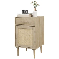 HOMCOM Bedside Table, Rattan Side Tables with Drawer, Cabinet and Adjustable Shelf, Boho Bedside Cabinet with Storage for Bedroom, Living Room, Natural Wood Effect(m-16)