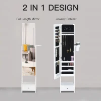 HOMCOM Jewellery Cabinet, Full Length Mirror with Storage, Free Standing Mirror with LED Lights, Hooks, Drawer and Hairdryer Holder for Bedroom, White(m-7)