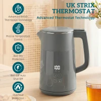 HOMCOM Electric Kettle, 1.7L Fast Boil 3kW Water Kettle with UK Strix Thermostat, LED Display, Keep Warm Function, Grey(m-5)