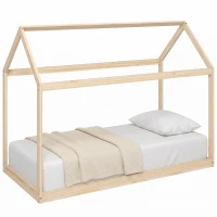 HOMCOM Single Bed Frame, House Scandinavian Wooden Bed Frame for 90W x 190Dcm Mattress, Pine Wood Bed Base, Natural Wood Finish(m-14)
